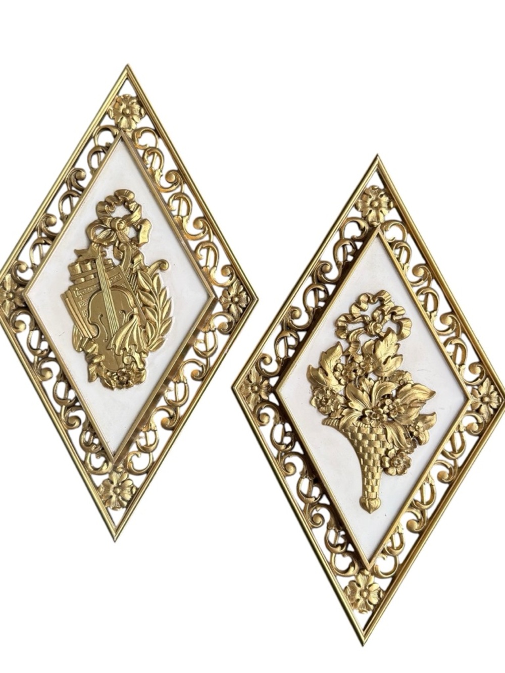 Gold Embossed Floral & Musical Plaque Pair - Diamond Wall Decor